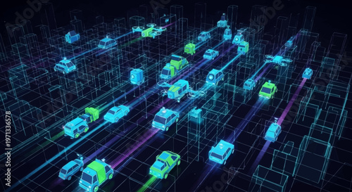 Futuristic digital city grid with autonomous vehicles navigating through glowing neon pathways.
