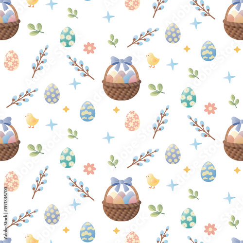 Easter seamless pattern with wicker baskets, pussy willow branches, cute chicks and colorful eggs. Spring holiday vector background for kids fabric.