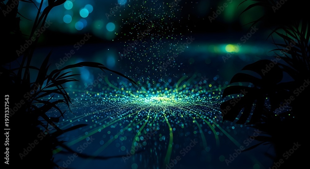 Fototapeta premium Bioluminescent teal lime glitter on dark lagoon background, tropical magic bokeh shimmer, exotic abstract texture for travel paradise design