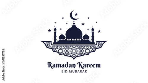 Dark silhouette of a mosque dome and minarets appears under a crescent moon and stars with festive ramadan kareem greeting text.