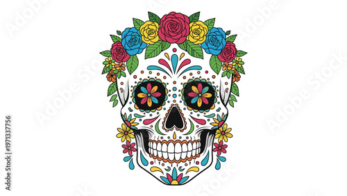 Decorative sugar skull adorned with a vibrant flower crown and intricate patterns represents the traditional mexican holiday celebration.