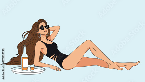 Stylish woman wearing a black swimsuit and sunglasses relaxingly lounging on the beach next to a bottle of rose wine.