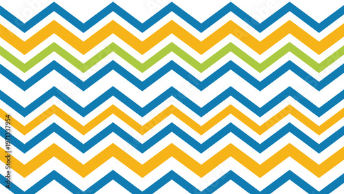 Vibrant multi colored chevron pattern with alternating rows of blue yellow and green zig zag stripes on a white base.