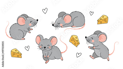 Collection of adorable gray mice in various playful poses with cheese wedges and small hearts on a white background.