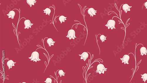 Simple floral line art pattern with white bell shaped blossoms on a solid reddish pink background for a minimal look.