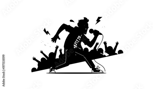 Energetic male singer cartoon character performing live concert with microphone expressive vector illustration