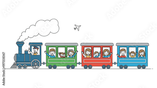 Colorful cartoon steam train with multiple passenger cars filled with happy people and children waving from windows.