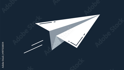 Clean vector illustration of a white paper airplane flying through the air on a dark blue background with motion lines.