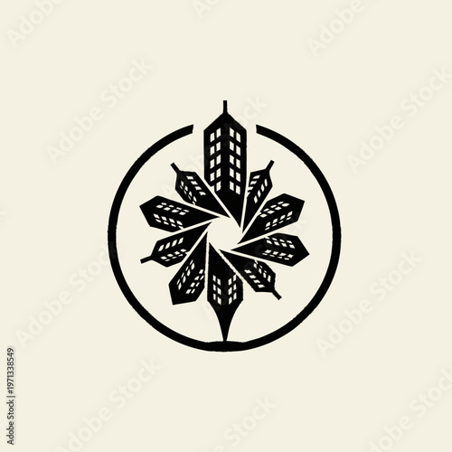 Modern urban cityscape graphic with stylized buildings in circular pattern, architecture and real estate concept icon