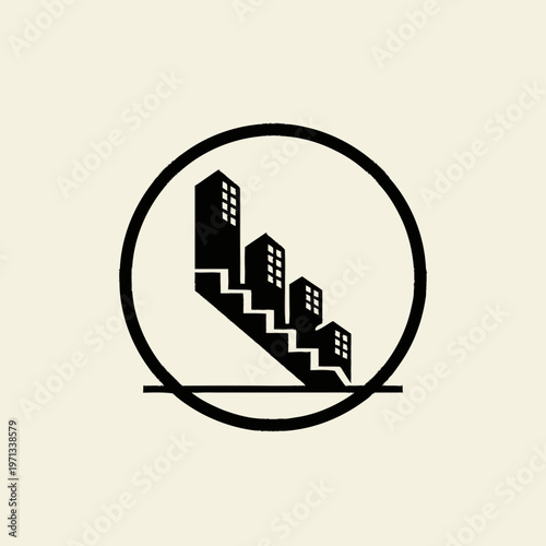 Minimalist city buildings on a descending staircase in a circle. Graphic design icon representing urban development, progress, or steps.