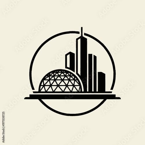 Modern city skyline with geodesic dome vector icon. Urban architecture illustration in a circular graphic design.