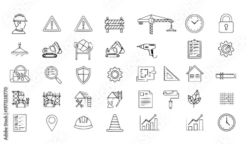 A collection of construction and industry related vector icons and symbols