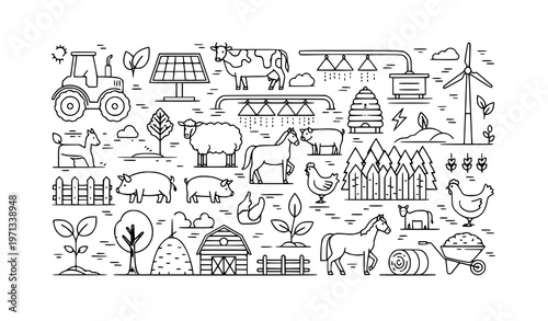 A black and white vector illustration of a farm scene with various animals and equipment