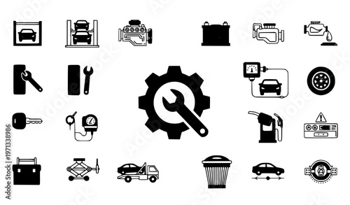 A set of black and white vector icons depicting various car repair and maintenance tools and symbols