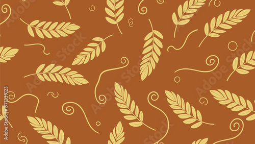 Seamless pattern showcasing golden wheat stalks and whimsical swirls over a warm brown background, ideal for autumn harvest and bakery themes.