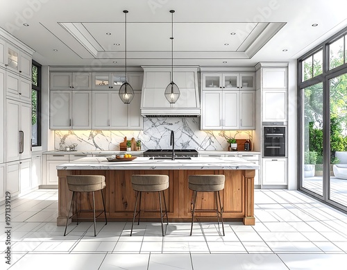 A modern kitchen with white cabinets, wood island, marble backsplash, and large windows with outdoor views