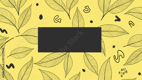 Artistic yellow background adorned with black line art of tea leaves and abstract shapes, featuring a dark rectangular frame for custom text.