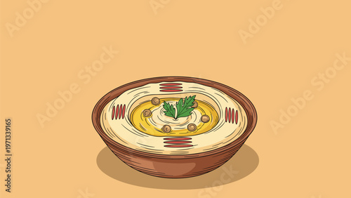 Hand drawn illustration of a bowl filled with creamy hummus topped with golden olive oil, whole chickpeas, and a fresh sprig of green parsley.