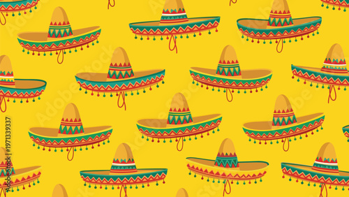 Festive repeating pattern of traditional Mexican sombreros with colorful stripes and pom-poms on a bright yellow background.