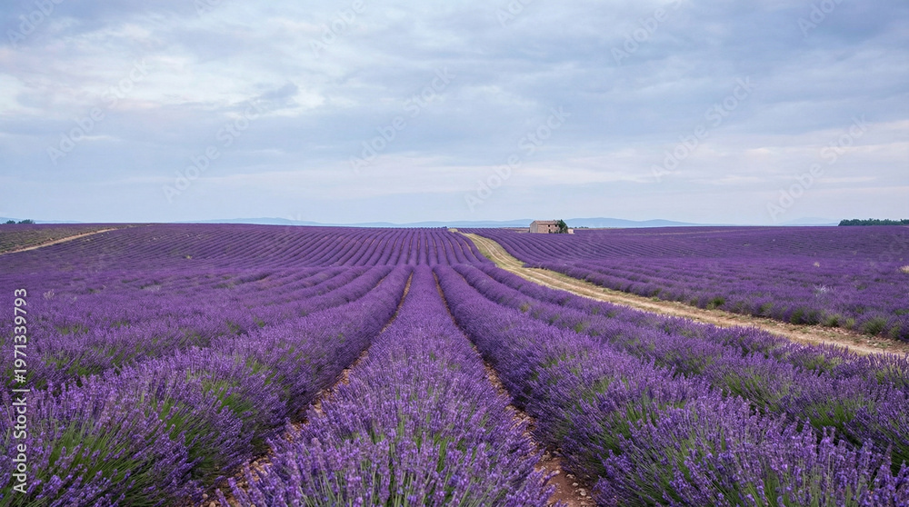 Obraz premium Lavender Field Purple Flowers Provence Landscape. Endless rows of purple lavender flowers stretching to horizon under soft cloudy sky, Provence style landscape