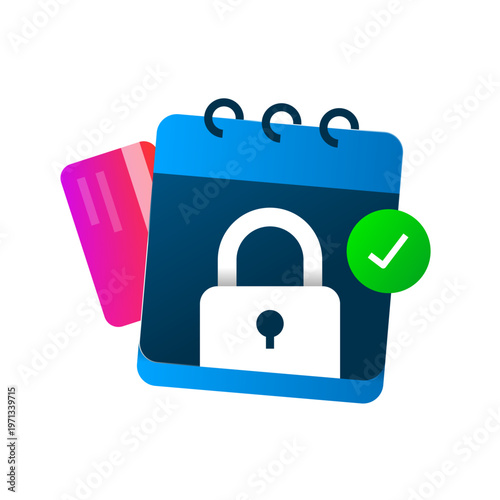 Modern vector illustration of subscription management and secure payment control. credit card, calendar, padlock. automatic billing protection, renewal reminder, payment security and tracking