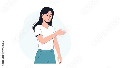 Detailed illustration of a young woman with a sad expression reaching out her hand, set against a soft blue circular background for contrast.