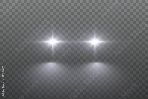 Car head lights shining from darkness background.Vector silhouette of car with headlights on black background. Easy light flash .Vector illustration.