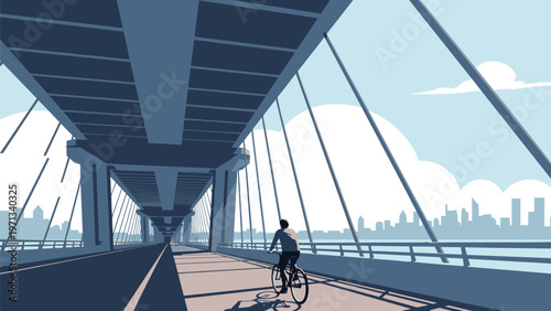 Silhouette of a lone cyclist riding across a large modern bridge with the city skyline visible in the hazy distant background.