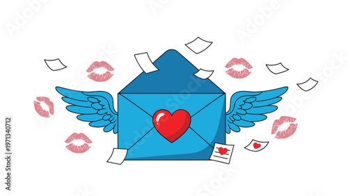 Light blue envelope with large wings and a red heart symbol flying through a flurry of letters and pink lip kiss marks.