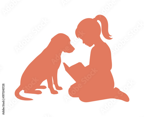 Child reading to dog silhouette, a heartwarming pet companionship vector illustration. Little girl and her canine friend sharing a quiet moment, perfect for educational or animal care designs.