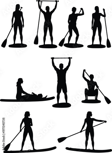 Set of black silhouettes featuring men and women practicing stand up paddleboarding in various poses with oars on boards isolated on white background for water sports.