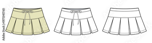 Pleated Mini Skirt with drawstring waistband Technical Fashion Illustration, Low Rise Tennis Skirt Vector Template, Front and Back View, Womenswear CAD