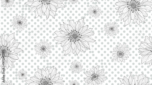 Seamless background pattern with hand drawn black and white flowers scattered over a field of grey polka dots for textiles.