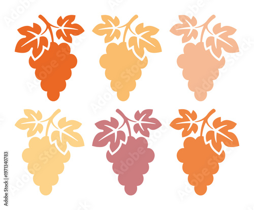 Autumnal grape bunch vector set, six stylized grape clusters in warm fall colors, harvest season fruit illustration, vineyard design elements for wine labels and branding
