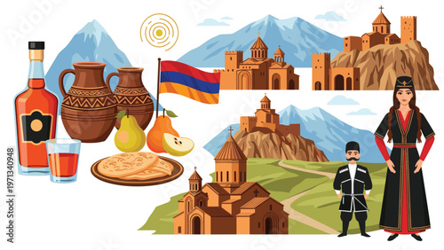 Collection of armenian cultural elements including traditional dress ancient churches brandy pomegranates and national flag.