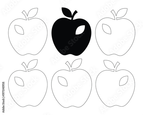 Unique black apple standing out among five white outline apples, a minimalist vector illustration for individuality and choice concepts, a graphic resource for branding and educational materials.