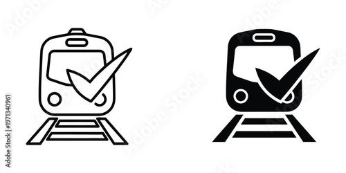 Two trains with checkmark symbols indicating approval or confirmation on tracks