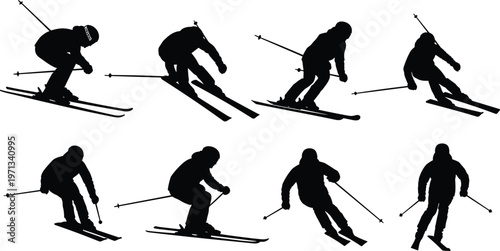 Set of black silhouettes of professional skiers, downhill skiing athletes, winter sports mountain activity, extreme speed sliding, isolated vector illustrations for alpine holiday.