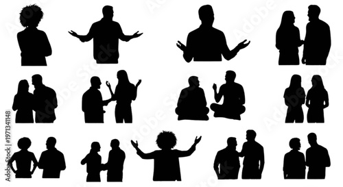 Black silhouettes of people in various poses and groups isolated on transparent background, Vector