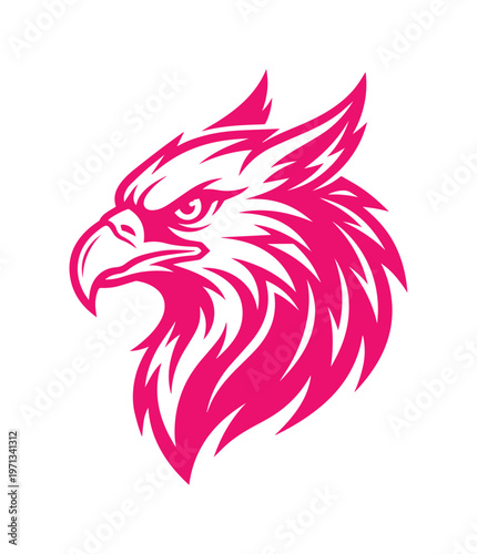 Majestic pink eagle head vector, powerful raptor bird illustration, stylized falcon emblem, dynamic avian mascot design for branding and sports.