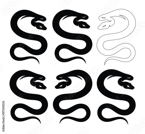 Stylized two-headed snake vector illustration set, mythical hydra serpent symbol, black and white tattoo design elements, ancient creature graphic resources for branding and apparel
