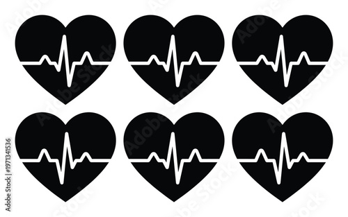 Heartbeat pulse line vector icon set, six black heart shapes with electrocardiogram rhythm, medical health and wellness graphic resource, isolated on white background.