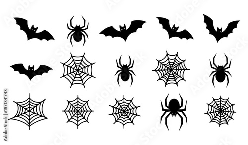 Halloween bats spiders and cobwebs flat vector icon set black silhouette decorative elements