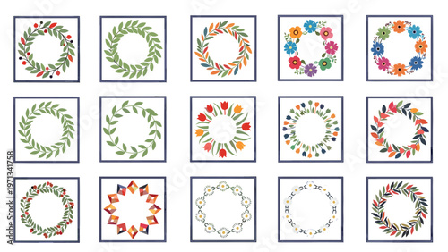Comprehensive set of fifteen floral and leafy wreaths in different styles and colors arranged in a neat grid for design.