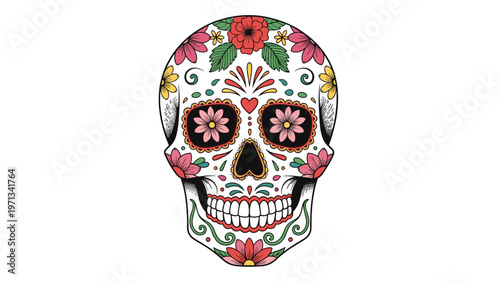 Detailed black and white sugar skull with vibrant red and yellow flowers and green leaves creates a festive mexican motif.