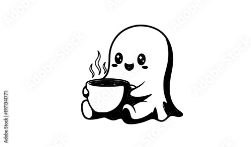 Kawaii ghost drinking coffee vector illustration happy Halloween cute cartoon character