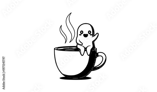 Floating kawaii ghost with coffee cup vector illustration cute happy Halloween character