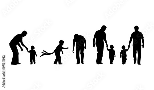 Father and son growth journey silhouette sequence showing parenting stages and childhood development vector