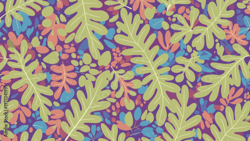 Colorful pattern of various leaf shapes in green and orange tones scattered across a dark purple background for autumn.