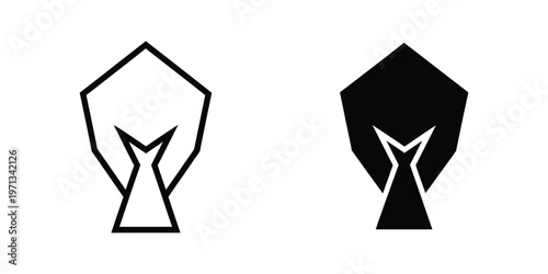 Contrast between outline and filled abstract geometric shield designs with central v-shaped elements